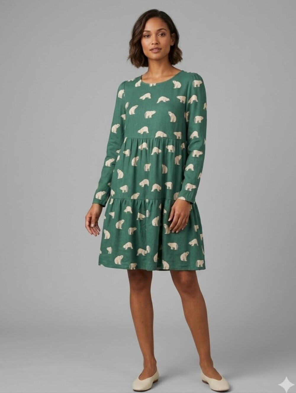 Compania Fantastica Green Polar Bear Tiered Long Sleeve Mini Dress, BNWT, Sz XL